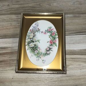 Vintage Framed Flower Art Pink Wild Flowers Embossed Raised Metal Frame Glass